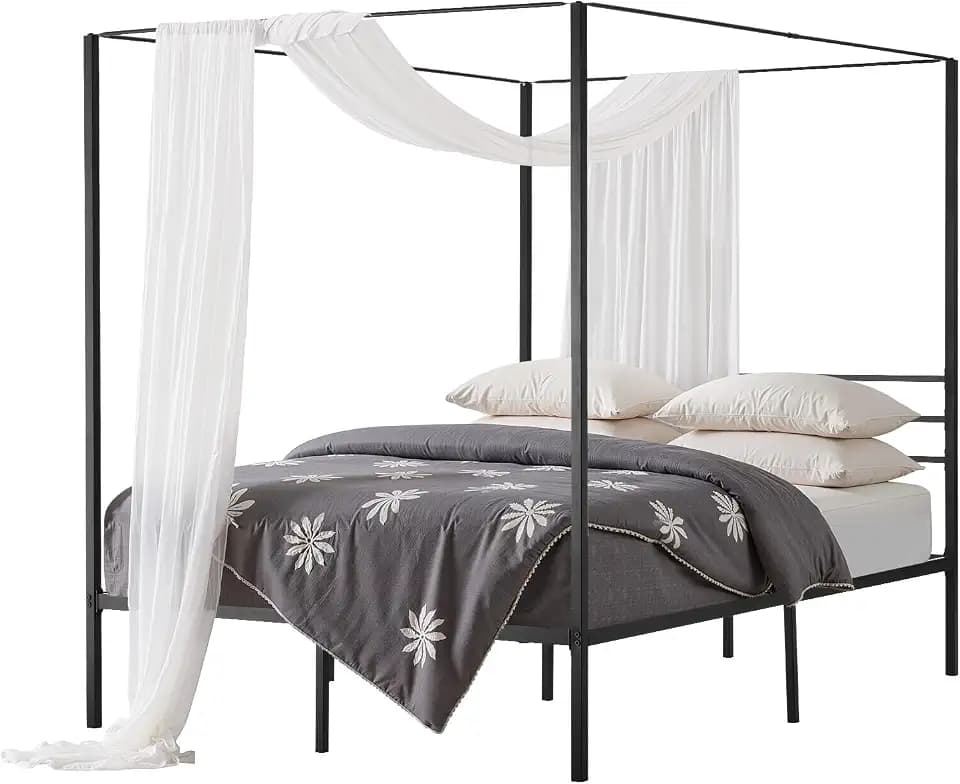 VEVOR Canopy Bed Frame Queen Size, Metal Canopy Bed with Four Posters Design, Heavy Duty Steel Slats Support, Underbed Storage Space, No Box Spring Needed, Easy Assembly, Black