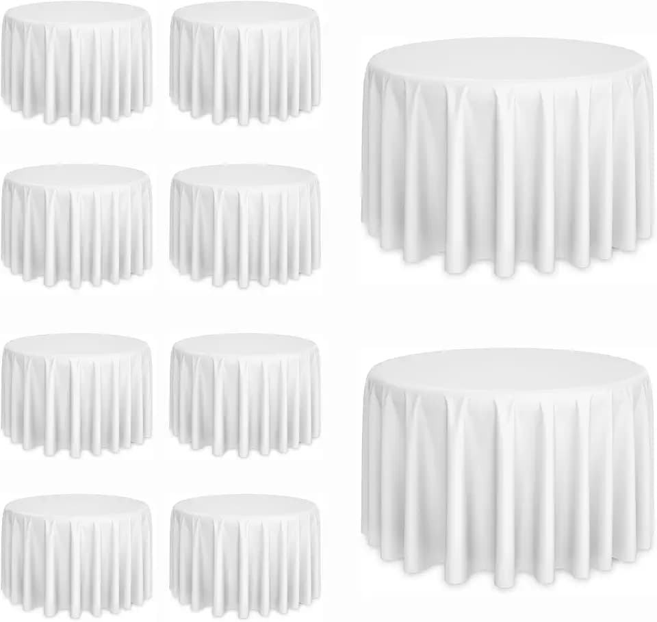 10 Pack White Round Tablecloths, 120 Inch Stain Resistant and Wrinkle Round Table Clothes, Washable Polyester Table Clothes Cover for Kitchen Dining, Wedding Birthday Party, Buffet Restaurant, Banquet