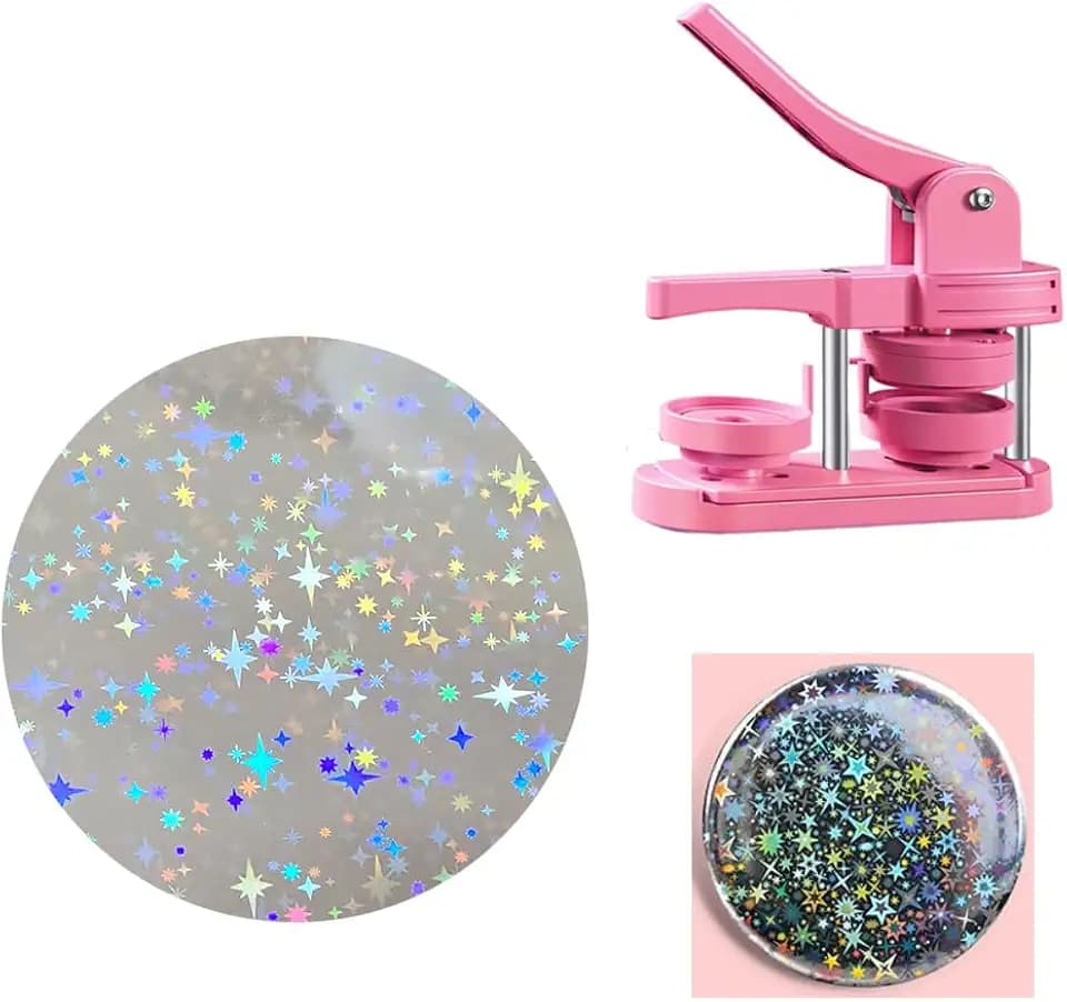 KJArrow 200Pcs Button Plastic Film for 44mm Badge, 1.73 Inch Button Maker Supplies Glitter Protective Films Badge Pins Refill Sparkle Laser Paper in 54mm Diameter -Big Stars