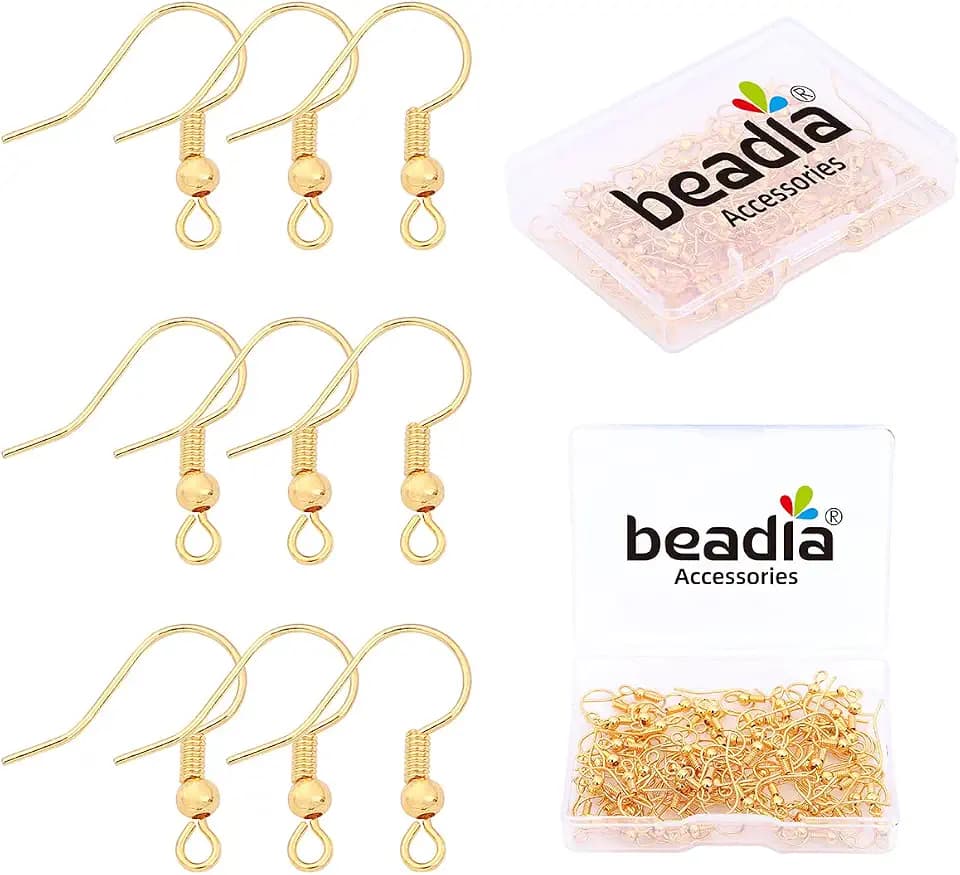 BEADIA 18K Gold Plated Earring Hooks 18x18mm 80pcs with Beads for Jewelry Making Findings