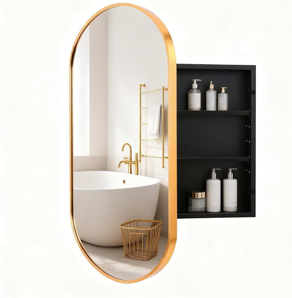 20"x32" Brushed Gold Medicine Cabinet with Mirror Aluminum Alloy Frame