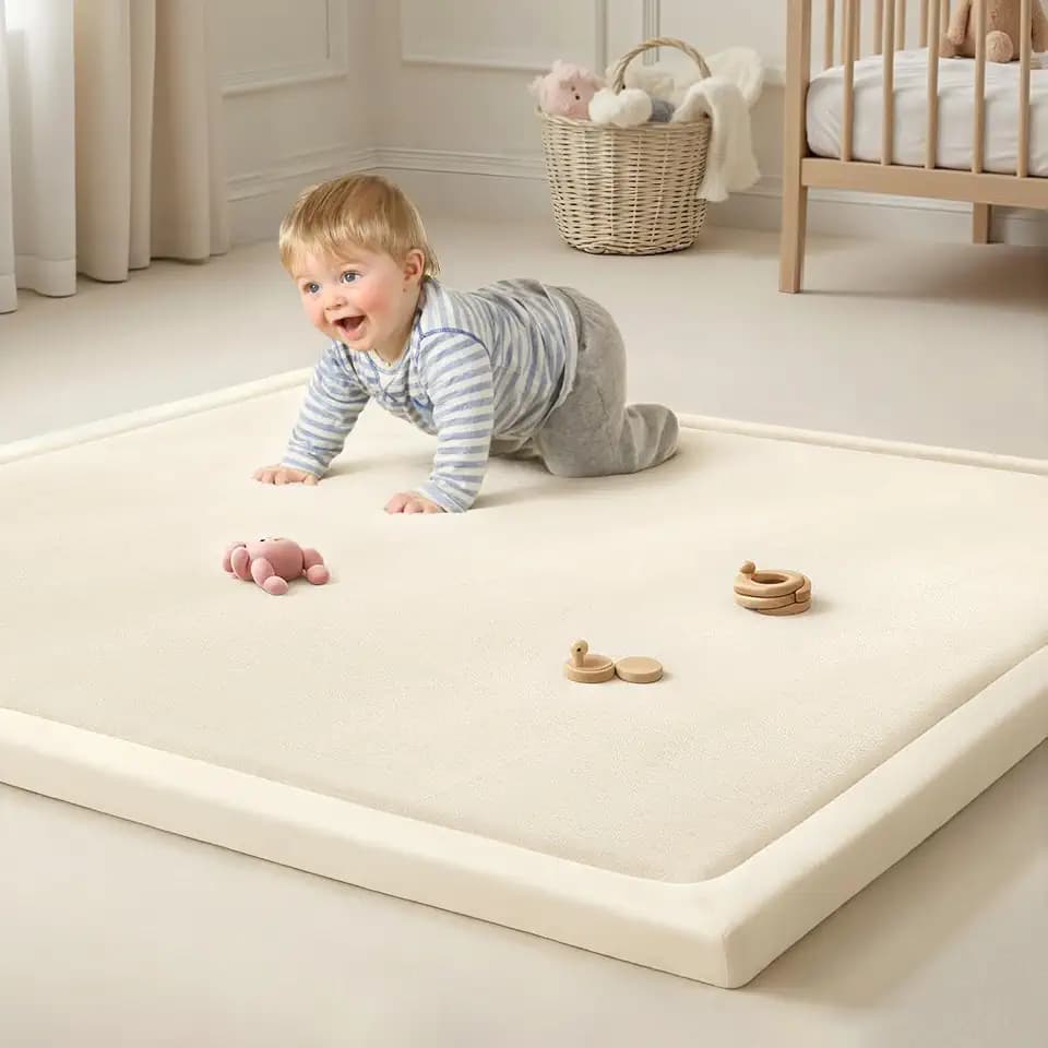 Goyuu Ultra Soft 1.3" Thick Baby Play Mat for Floor, 50x50 Playpen Mat Elasti-Foam Padded Crawling Mat for Babies, Toddlers, Infant, Kids, Non-Slip Backing Safe for Tummy Time, Beige