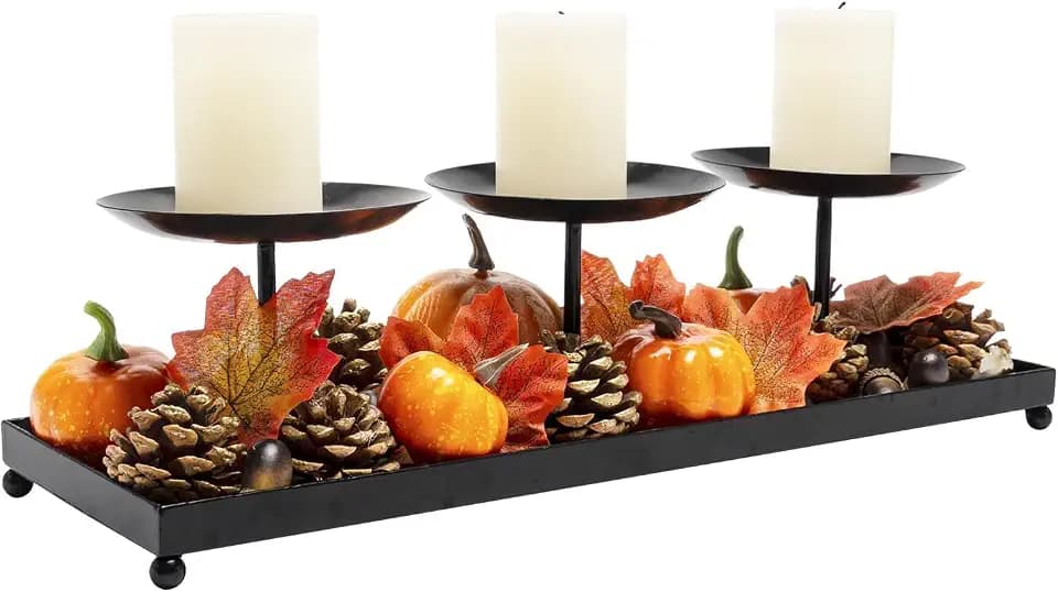 3 Pillar Candle Holders Centerpiece, Fall Dining Room Table Decor