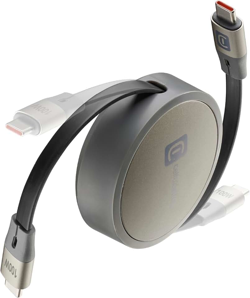cellularline einziehbares USB-C auf USB-C Kabel mit bis zu 100 W Leistung und einer Länge von 120 cm für das schnelle Aufladen von Smartphones bis hin zu Laptops