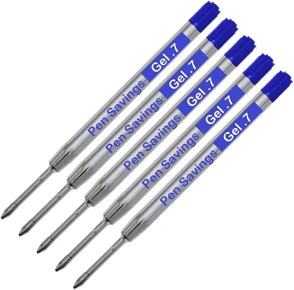5 Pack, Pen Savings Gel Pen Refills Compatible with Parker Ballpoint Pens, .7mm, Smooth Writing, Frictionless Flow (Bulk Packed) (Blue)