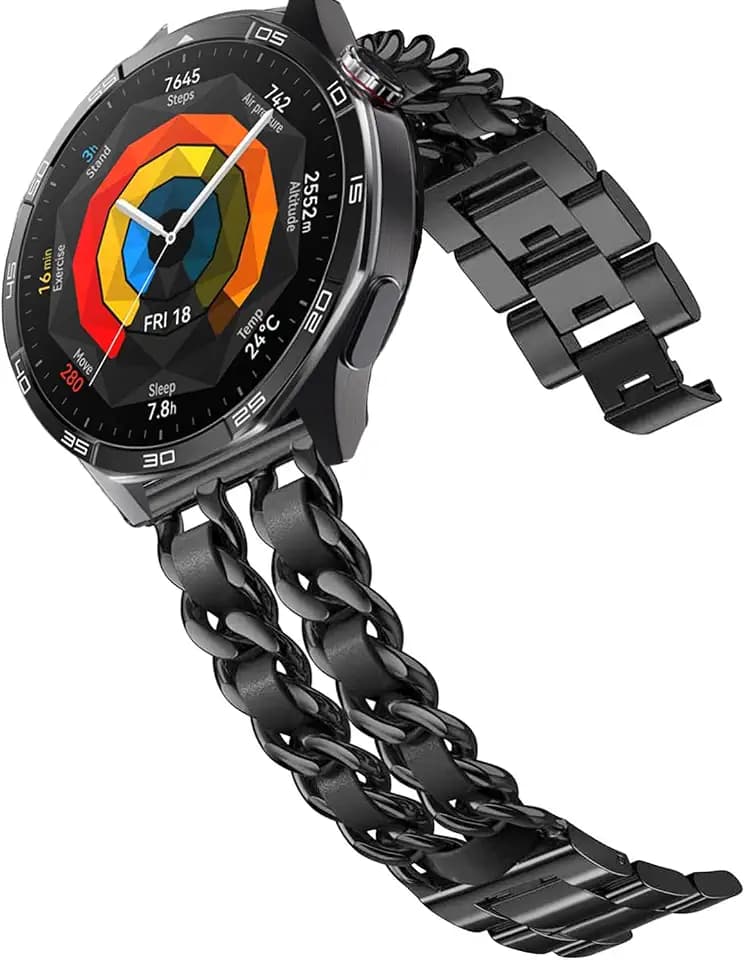 DEALELE Armband Kompatibel mit Samsung Galaxy Watch 46mm / Galaxy 3 45mm / Huawei Watch 4/4 Pro / 3/3 Pro / GT4 / GT3 / GT2 46mm, 22mm Leder Metall Kette Ersatz Armbander, Schwarz-schwarz
