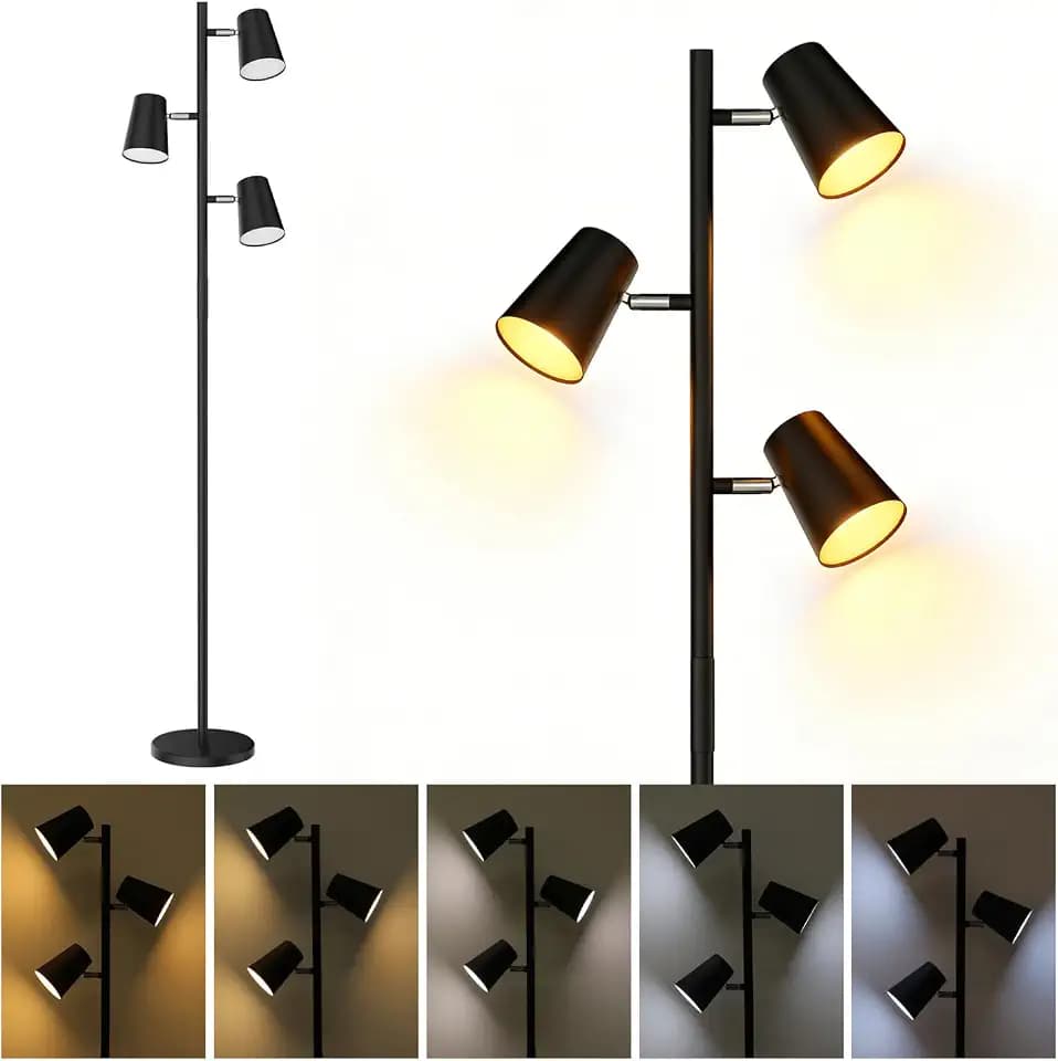 Energetic Dimmable Floor Lamp, Modern LED Tree Lamp, 5 Color Temperature, Standing Light with 3 Adjustable Head for Bedroom, Living Room, Office, ETL, 120V, Black, 1 Pack