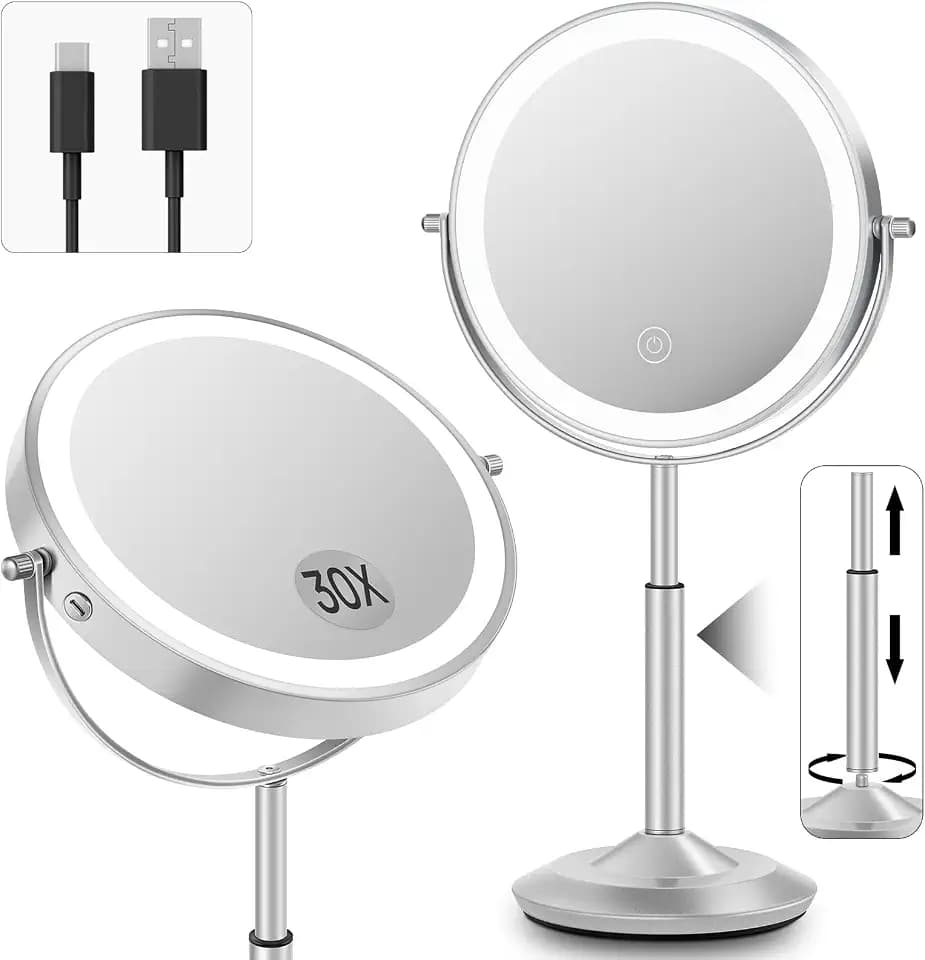 8" Lighted Makeup Mirror with Light,30X Magnifying Height Adjustable Mirror