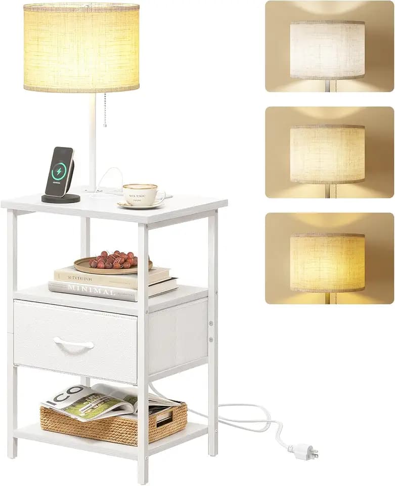 Fixwal Bedside Table with 3 Color Temperatures Bulb Attached, Nightstand with Charging Station and Lights, End Table with Fabric Drawer for Bedroom & Dorm (White)