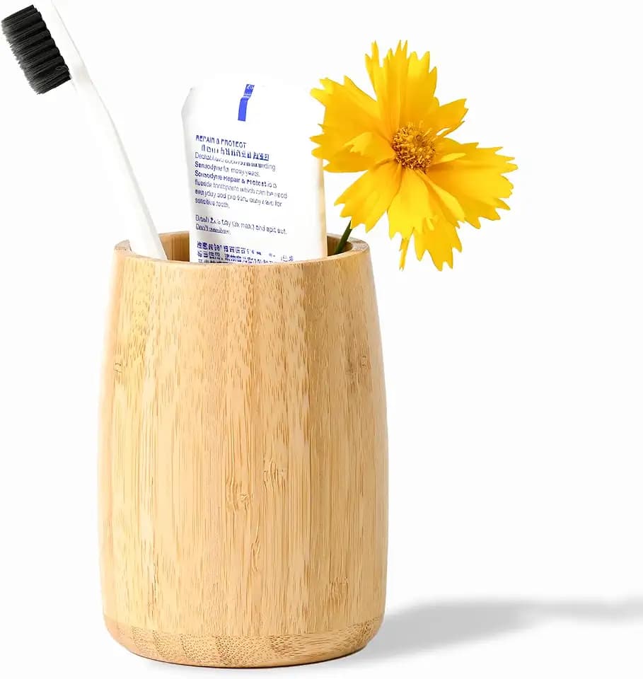 Bamboo Toothbrush Holder, Simple Cylindrical Tumbler Minimal