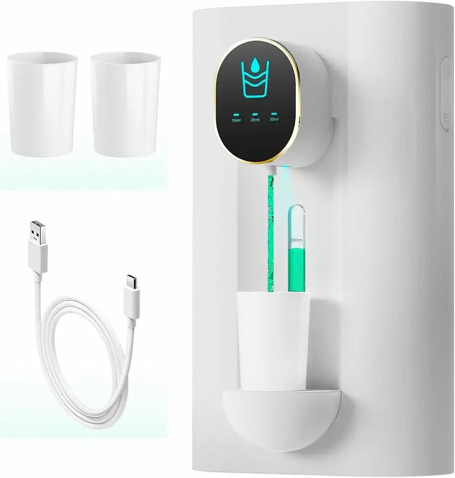 Oylik Automatic Mouthwash Dispenser 18.26 oz Touchless Mouthwash Dispenser for Bathroom 2 Magnetic Cup USB Rechargeable and 3 Dispensing Levels with Led Screen Wall-Mounted or Countertop Use-White