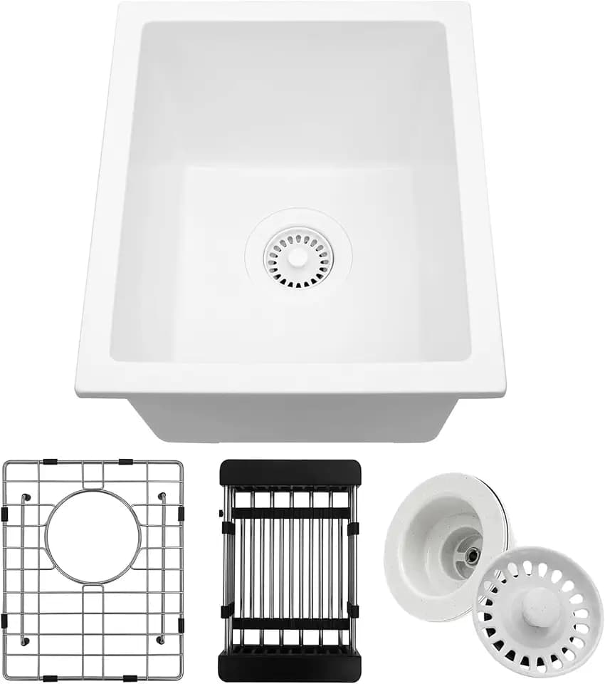White Bar Sink, 13" x 15" x 10" Undermount Granite Composite Kitchen Sink
