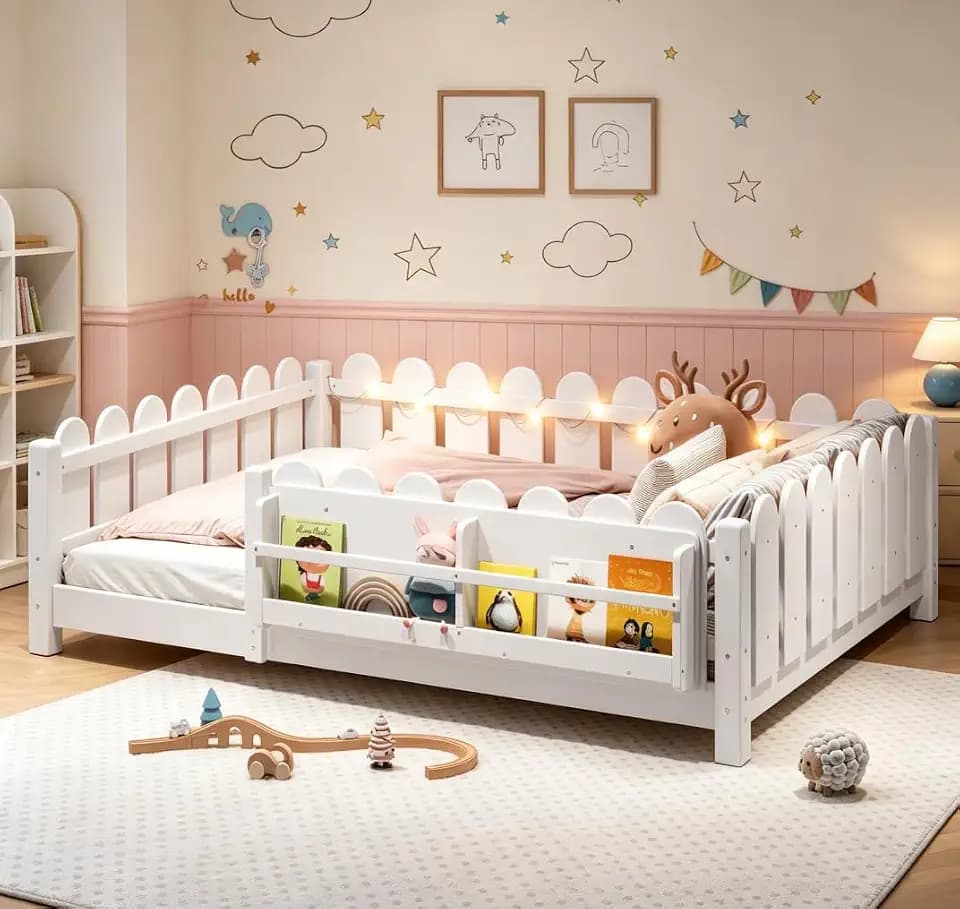 Bellemave Full Size Floor Bed with high Rails and with Built-in Bookshelf for Kids, Girls, Boys, Wood Montessori Floor Bed Farm Style Design, White