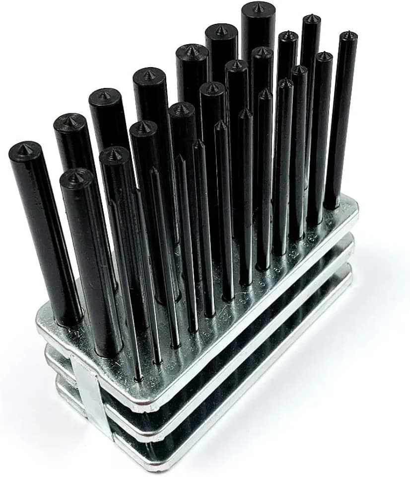 HHIP 8600-0041 28-Piece Transfer Punch Set – 3/32" to 1/2" by 64ths + 17/32", Precision Undersize .0025", Hardened Tool Steel, 4-7/8" Long, Black Oxide, Indexed Stand for Accurate Hole Transfer