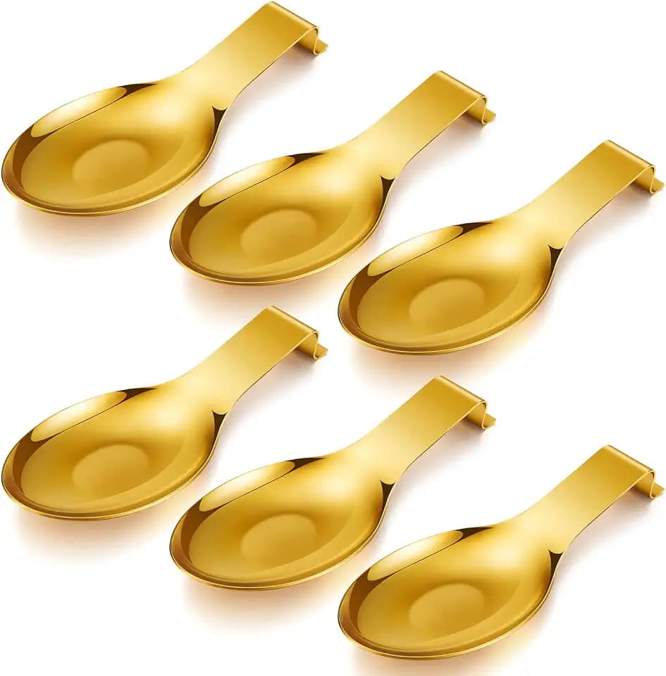Nuanchu 6 Pcs Stainless Steel Spoon Rest Large Size Spatula Ladle Holder Spoon for Stove Top Heavy Duty Countertop Spatula Holder Dishwasher Safe Utensil Rest for Kitchen, 3.8 x 9.6" (Gold)