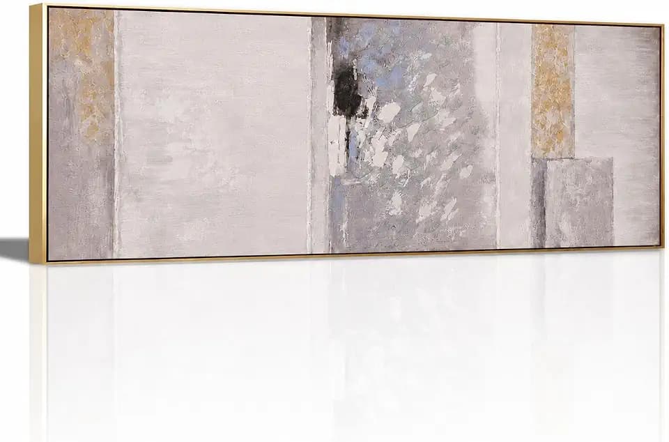 White Abstract Wall Art for Living Room, Large Framed Textured Canvas Wall Art with Gold Frame, Modern Minimalist Grey Beige Neutral Painting for Bedroom Office, Ready to Hang, 48x16 Inch