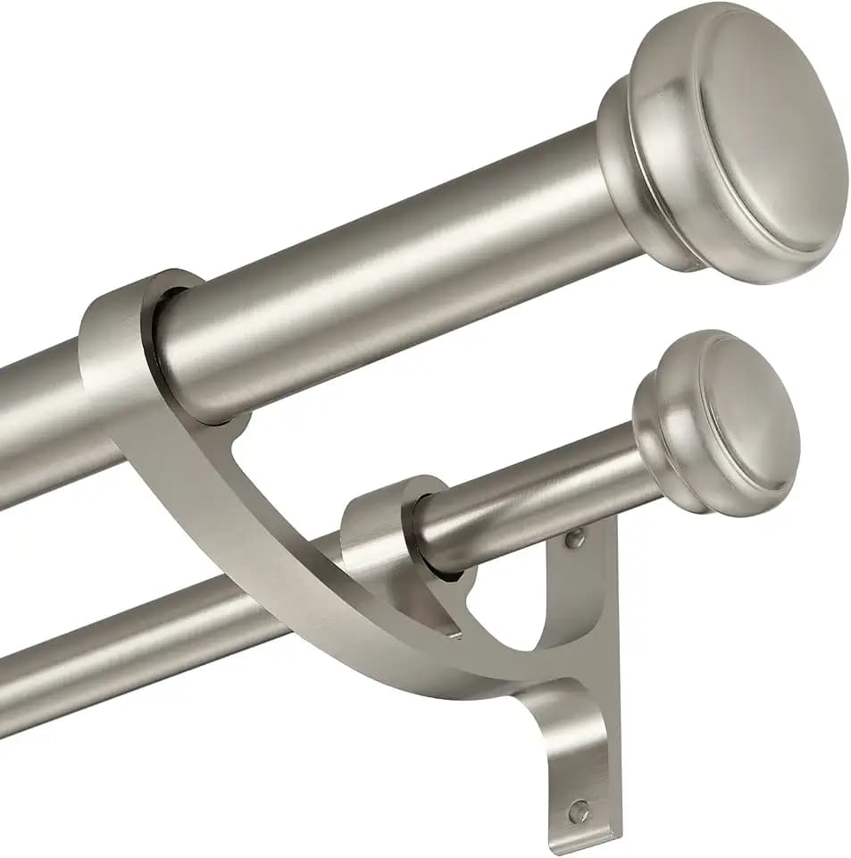 Modern Double Curtain Rods, Matte Nickel Curtain Rod 36-72 Inch Length Drapery Rods with Simple Decorative End Caps 1 Inch Front and 5/8 Inch Diameter Back Dual Curtain Rod Telescoping Window Rods