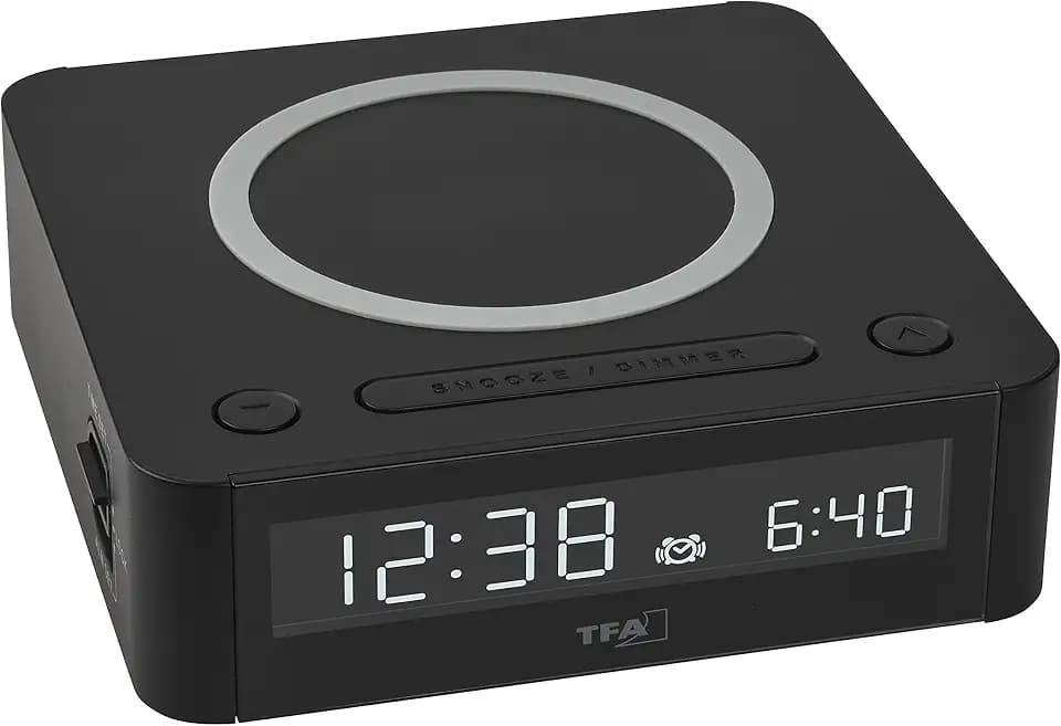 TFA Dostmann Digital Wecker Easy-Charge Wireless, 60.2030.01, mit kabelloser Qi Ladestation, Farbdisplay, Weckalarm mit 2 Lautstärken, Snooze-Funktion, mit Netzadapter, schwarz