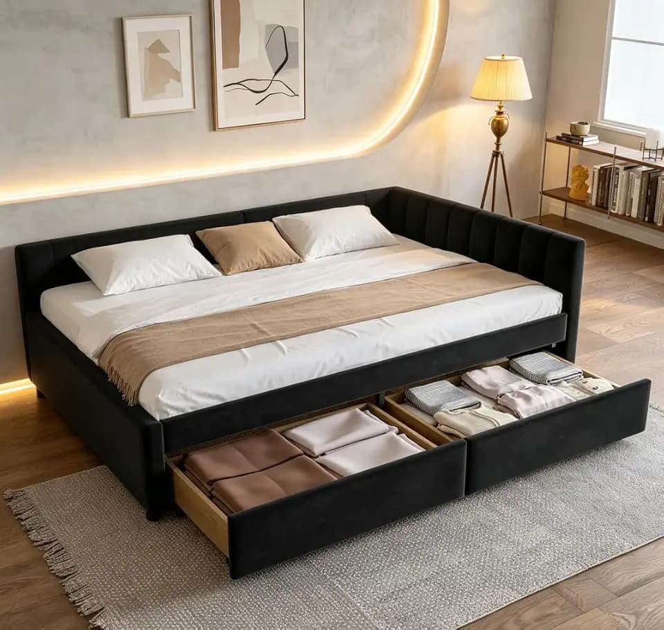 Bellemave Full daybed with Storage, Full Corner Bed, Upholstered Sofa Bed with Comfortable Backrest and Armrests for Kids,Adults, Velvet, Black
