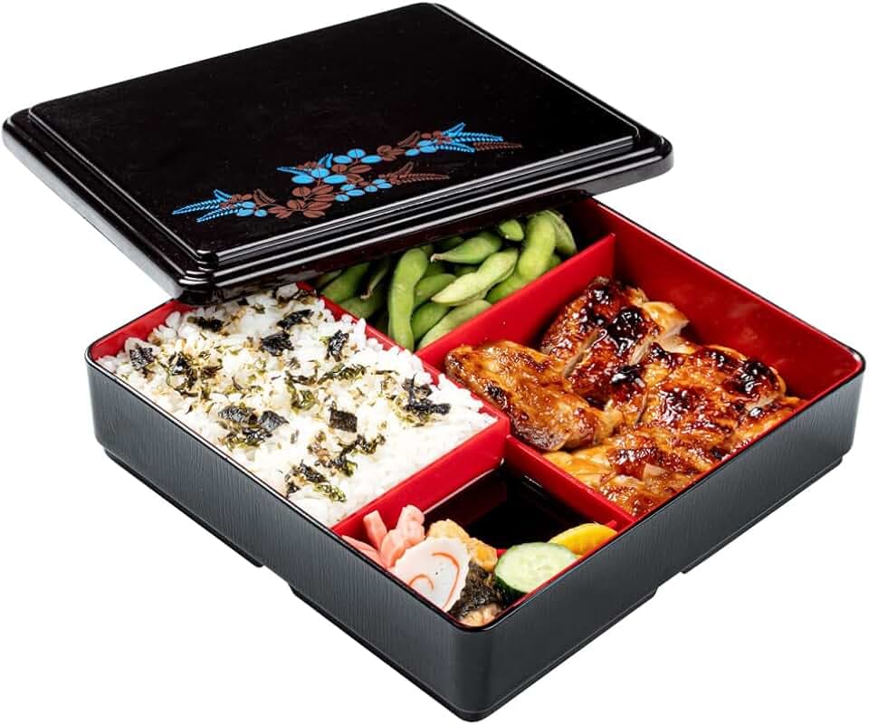 Restaurantware-8.3 x 2.2 Inch Compartment Lunch Container, 1 Japanese Style Adult Lunch Container - With 5 Compartments, Greaseproof, Black & Red Plastic Divided Meal Box, For Hot & Cold Food