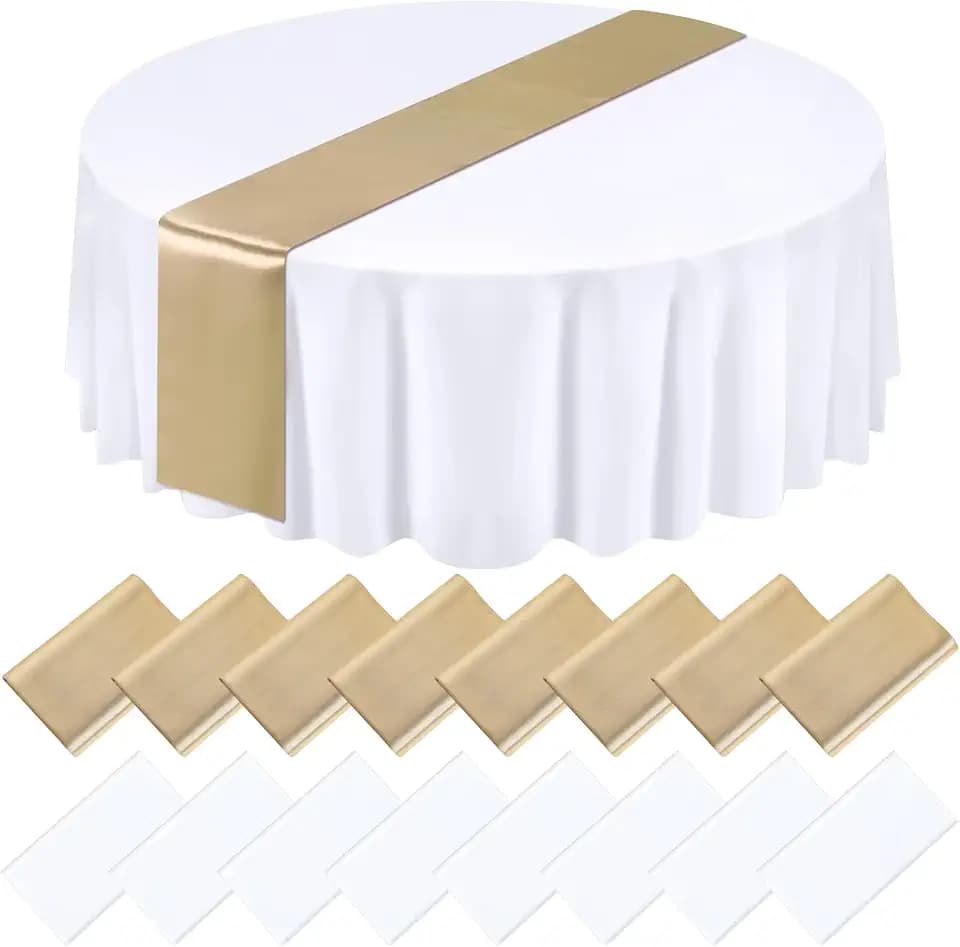 Tudomro 16 Pcs White and Gold Tablecloth and Satin Runner Set