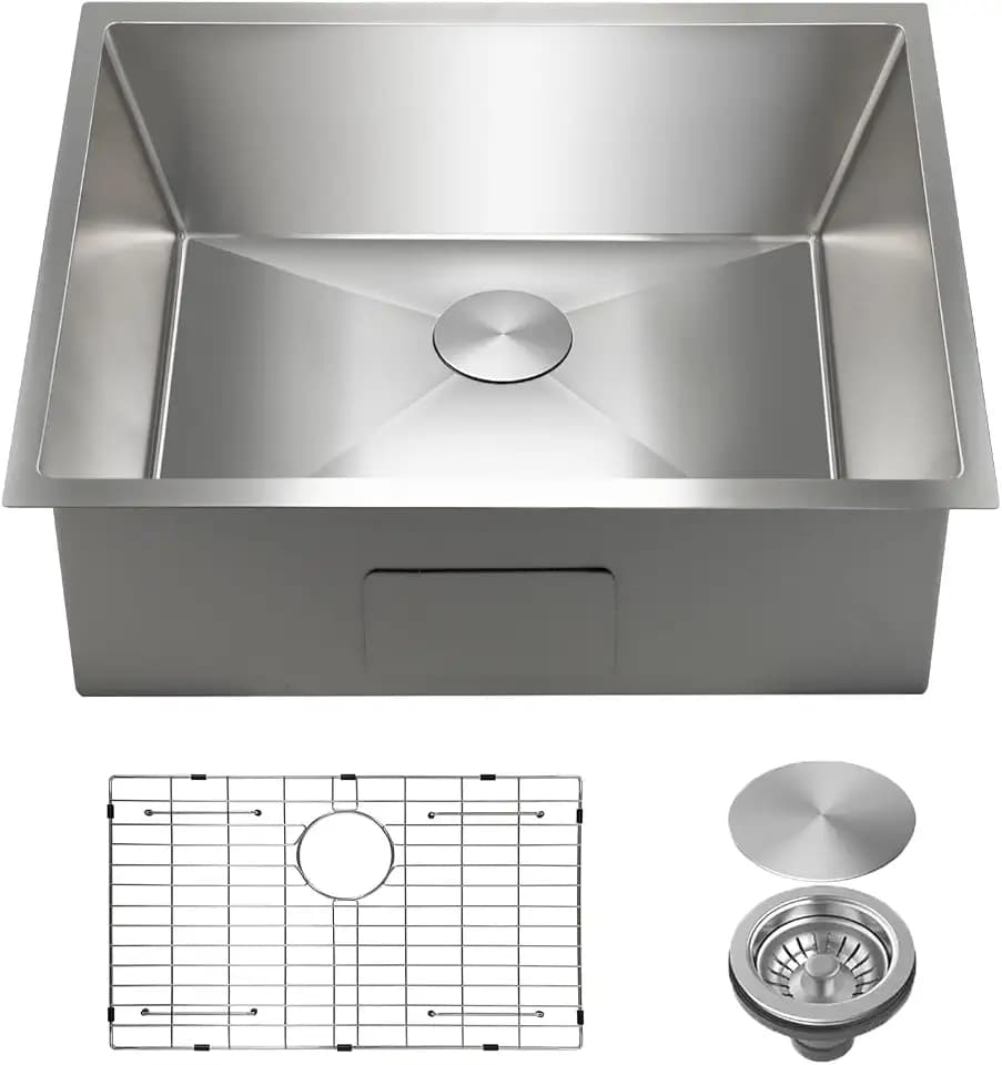 SANYCASA 23 Inch Undermount Kitchen Sink with Quiet Drain, Bottom Grid - 11 Gauge Stainless Steel Single Bowl