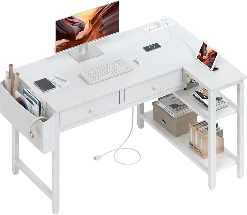Small White 40 Inch L Shaped Corner Desk with Drawers & Storage Shelves