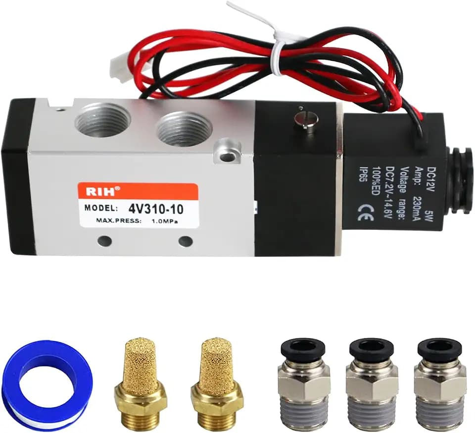 RIH Pneumatics Solenoid Valve 4V310-10 12V/24V/110V Series Single Coil Pilot-Operated Electric 2 Position 5 Way Connection Type (DC12V/Out of line, 3/8"NPT)