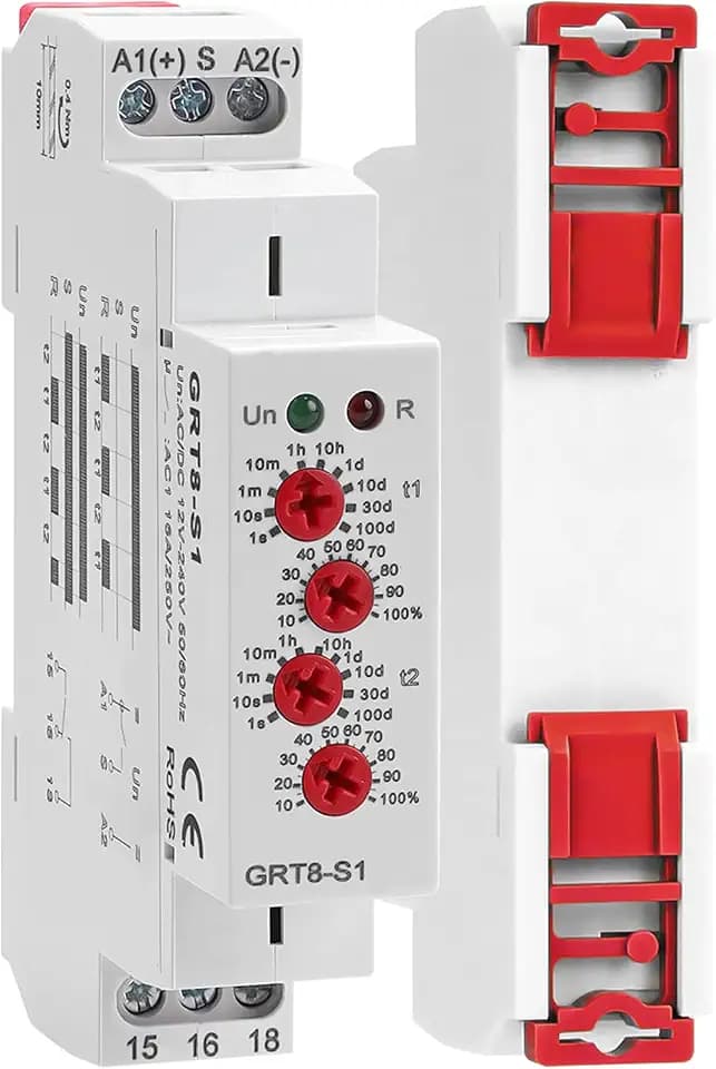 Asymmetric Cycle Timer Relay AC DC 12V-240Volt 16A, SPDT Mini Adjustable Repeat Cycle Time Relays Switch ON Off GRT8-S1, Electronic Timer Relay 10-Position from 1S to 1 Minute to 100 Days in Din Rai