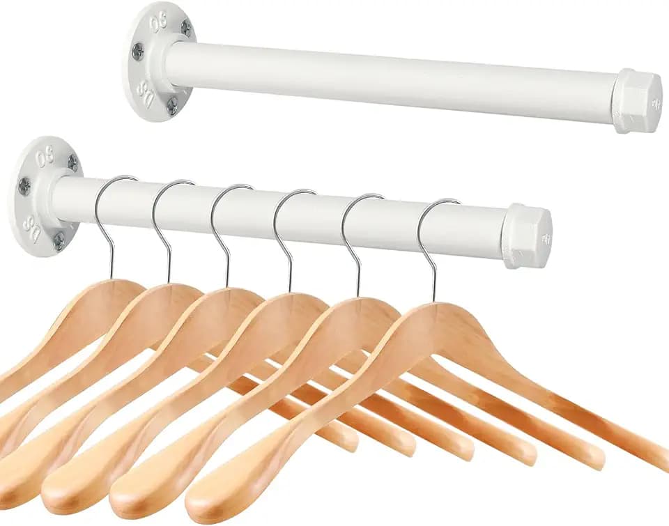Cast Iron Wall Mounted Clothes Rack, Heavy Duty Industrial Pipe Clothing Rack for Hanging Clothes, Garment Racks for Wardrobe Organizers and Storage, DIY Closet Rods Closet Bar (White 2 Pack, 12 in)