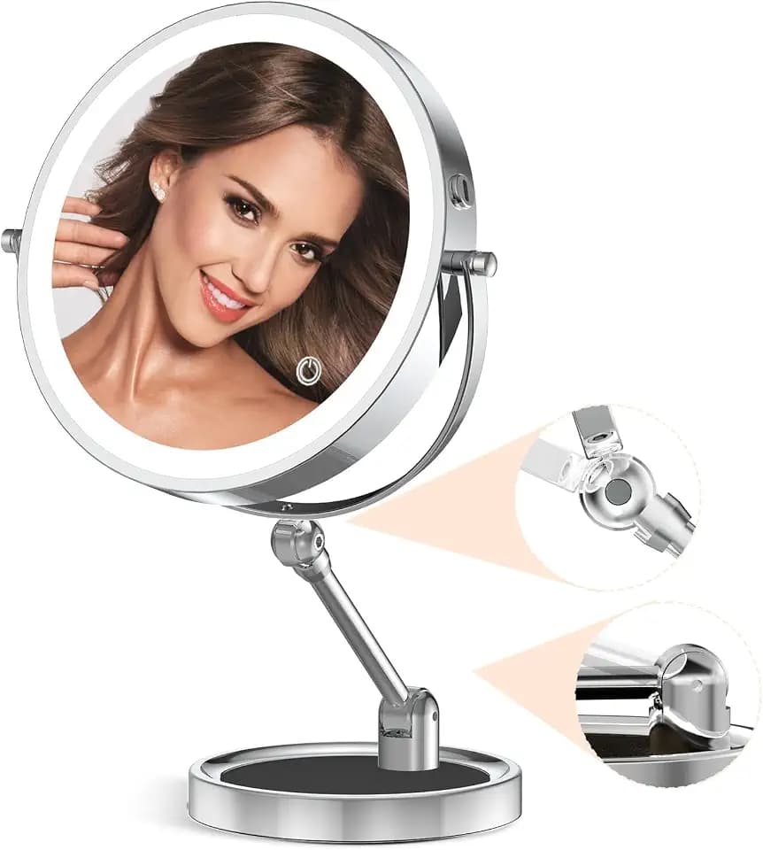 Rocollos Tabletop Makeup Mirror with Built-in Vanity Tray, 9" Rechargeable 4000mAh Lighted Vanity Mirror 1X/10X Magnification, Height-Adjustable Arm, 3 Color Dimmable (9Inch Chrome)