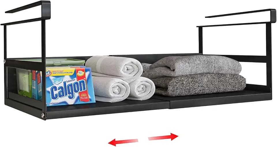 Expandable Under Cabinet Shelf Organizer with 0.94 Inches Thick Clips, Heavy Duty Extendable Under Shelf Storage Basket for Pantry or Laundry Room, Black, 1 Pack, Interior: 5.7" H x 8.54" D