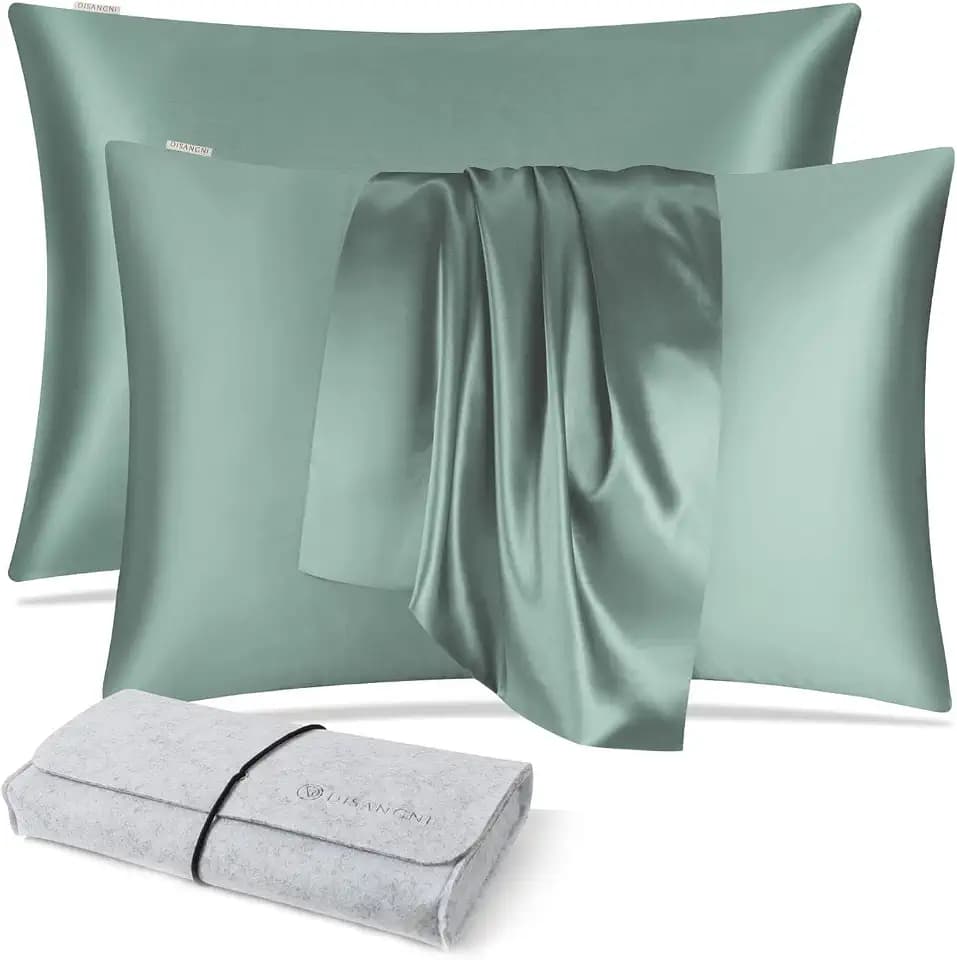 DISANGNI 100% Natural Mulberry Silk Pillow case for Hair and Skin with Hidden Zipper 22 Momme Both Sides Real Silk Pillow Case (2pc King Size 20" x36” Light Green)