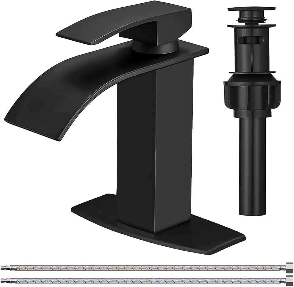 BESy Bathroom Faucet 1 Hole Single Waterfall Vanity Sink Faucet Matte Black