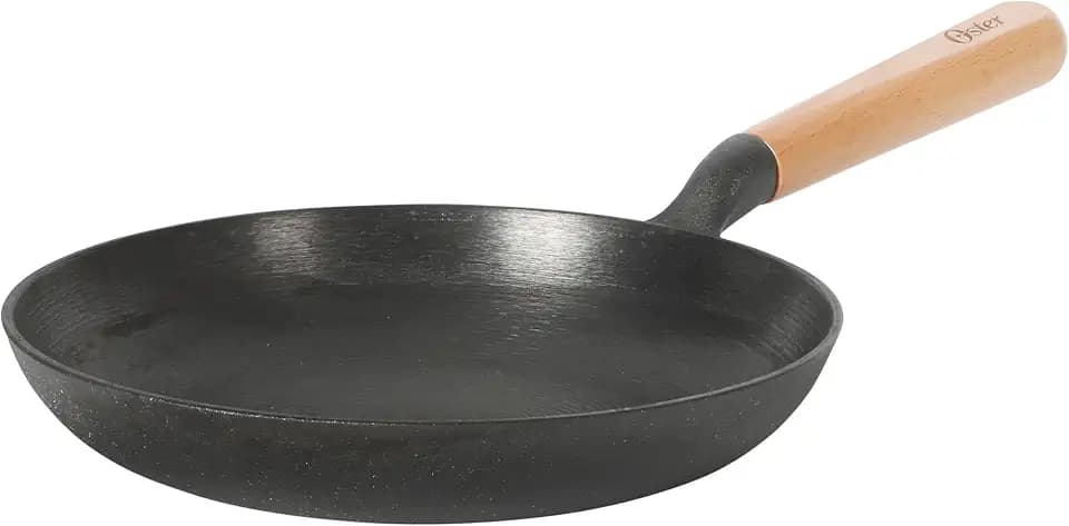 Oster Platinum Flintfield 9.5 Inch Pre-Seasoned Cast Iron Skillet with Wood Handle, Natural Nonstick Lightweight Cast Iron Frying Pan for Searing, Sautéing & Everyday Cooking