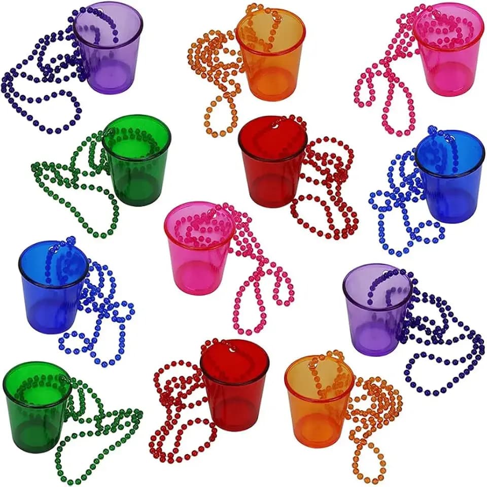 12 Pieces Shot Glass on Beaded Necklace Plastic Shot Cup Necklace Bachelorette Party Team Groom and Bride Supplies for Birthday Wedding Festival Parade Favor, 6 Colors, small, CV23030106