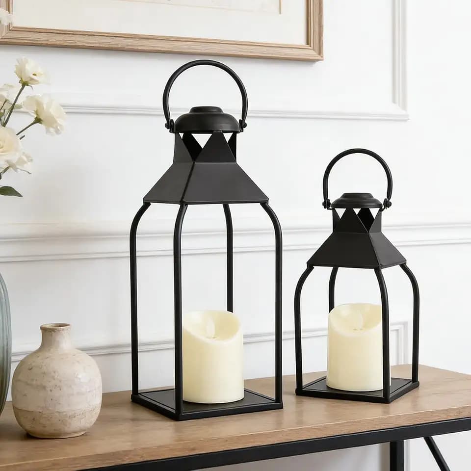 Modern Lantern Decor Indoor,Black Metal Lanterns Outdoor,Decorative Candles Lanterns for Living Room,Home,Farmhouse,Porch,Patio,Fireplace,Table,Floor,Fall,Christmas,Holiday