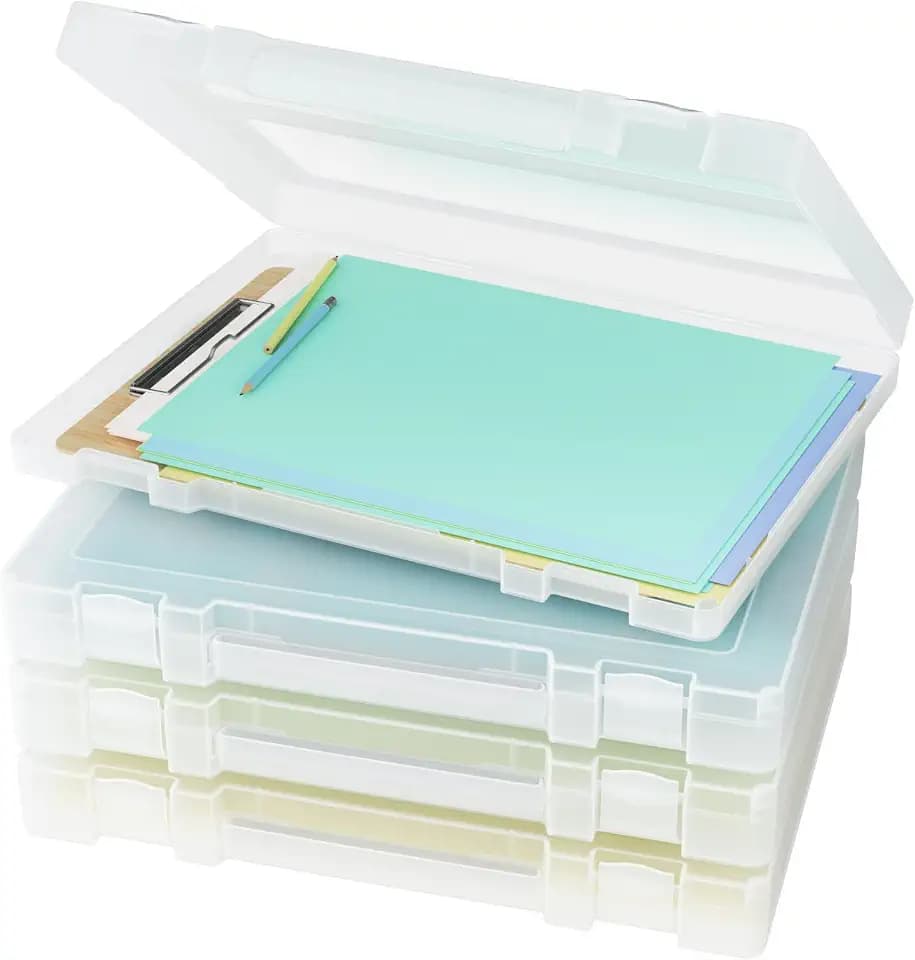 Denkee Large Paper Storage Box, 4 Pack Plastic Scrapbook Paper Storage Organizer with Handle for A4, 8.5 x 11 US Letter, Portable File Document Case, Board Game Storage