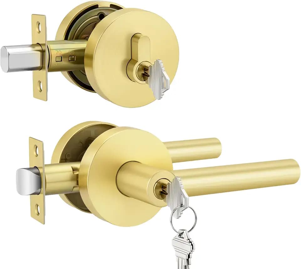 Haidms Gold Front Door Handle and Deadbolt Set, Exterior Door Lock Set