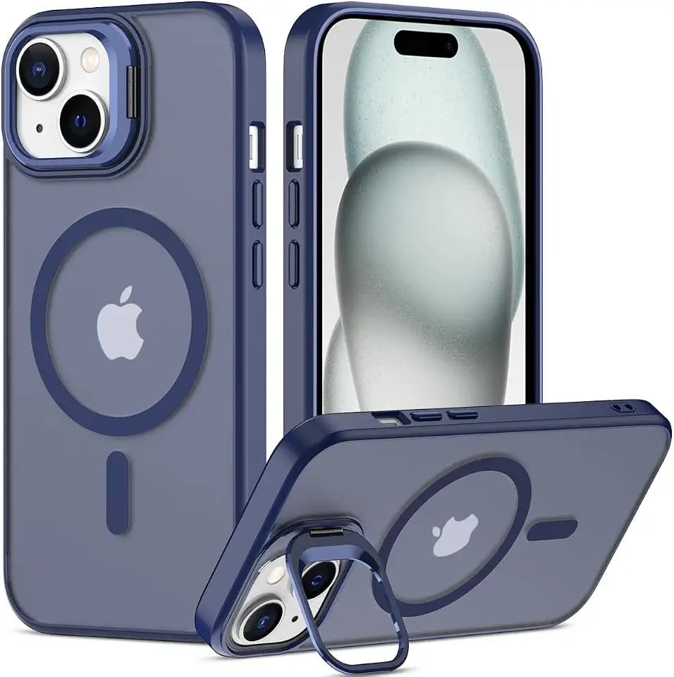 Nvollnoe for iPhone 15 Case Compatible with MagSafe,Military Grade Shockproof Heavy Duty Protective Adjustable Kickstand Matte Semi Clear Phone Case for iPhone 15(Blue)