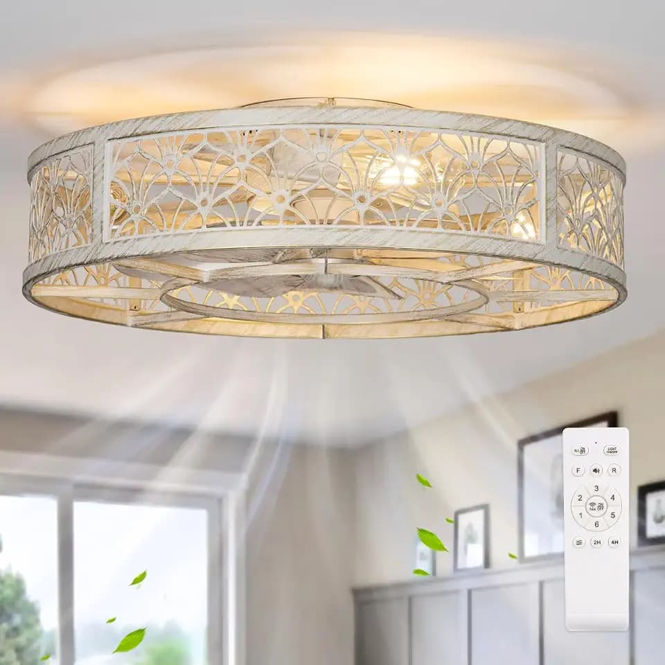 SHLUCE 22" Farmhouse Caged Ceiling Fan with Light, Flush Mount Low Profile Ceiling Fan with Lights, Large Bladeless Fandelier Ceiling Fan with Light and Remote for Kitchen, Bedroom, White Gold - ETL