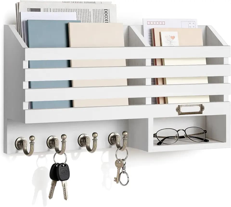 FifthQuarter Mail Holder Wall Mount with 2 Mail Slot and 4 Sturdy Hooks
