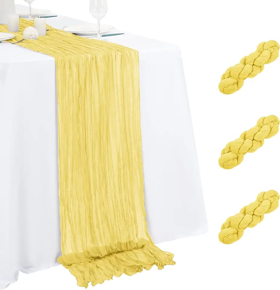 3 Pack Light Yellow Table Runner 17x108 Inch Cheesecloth Table Runner Boho Gauze Table Runners Romantic Rustic Fabric Cheese Cloth Table Runners for Wedding Party Baby Shower Birthday Home Decor
