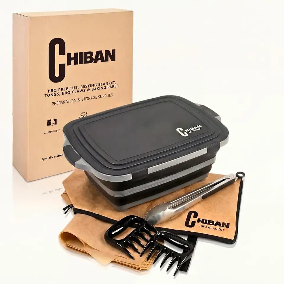 5 in 1 XL 4.22Gal/16L Collapsible BBQ Prep Tub Kit - with Locking Lid & Cutting Board - Includes BBQ Blanket- 16" Grill Tongs - 2 Shredder Claws - 50 Grease Resistant Papers/All-in-One-Set