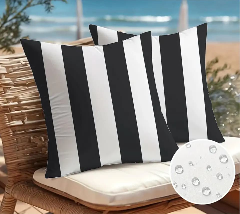 Pack of 2, Waterproof Pillow Covers Outdoor Throw Pillowcases Decorative Garden Cushion Case for Home Garden Patio Couch Balcony Striped 18 x 18 inch/45x45cm Black & White