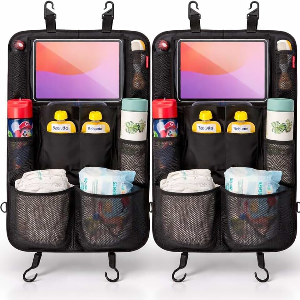 HerzensKind Autositz Organizer & Rückenlehnenschutz – Sitzschutz Auto Rückenlehne mit 13" Tabletfach | Rückenlehnenschutz Auto Kinder mit 9 Taschen | Auto Organizer Kinder (2 Stück)