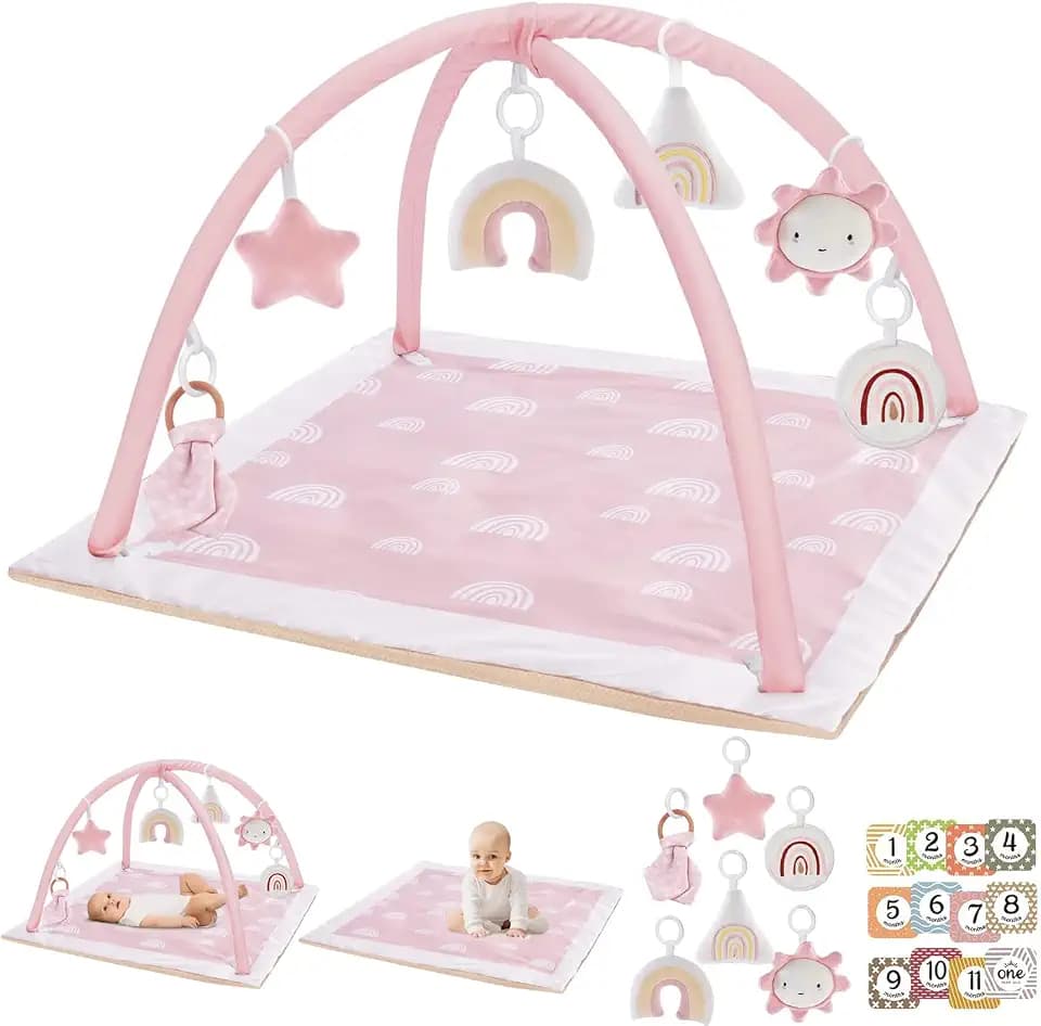 Washable Tummy Time Mat, Baby Play Gym with 6 Featured Toys, Baby Gym for Infant & Toddler, Larger Baby Play Mat, Deluxe Baby Play Mats for Floor, Sensory and Motor Skill Development, Non Slip, Pink