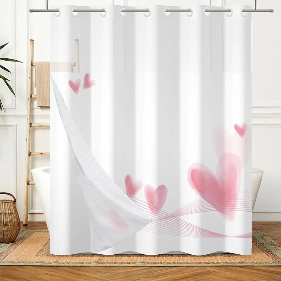 No Hook Shower Curtain with Snap in Fabric Liner Set for Bathroom Pink Love Heart Shaped Modern Hotel Shower Curtains Double Layers Fabric Washable 71x74 Inch