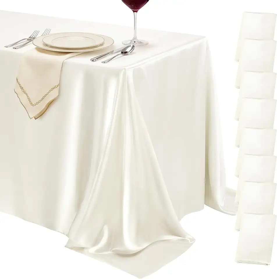 8 Pack Ivory Satin Tablecloth 58 x 102 Inch Overlay Seamless Design