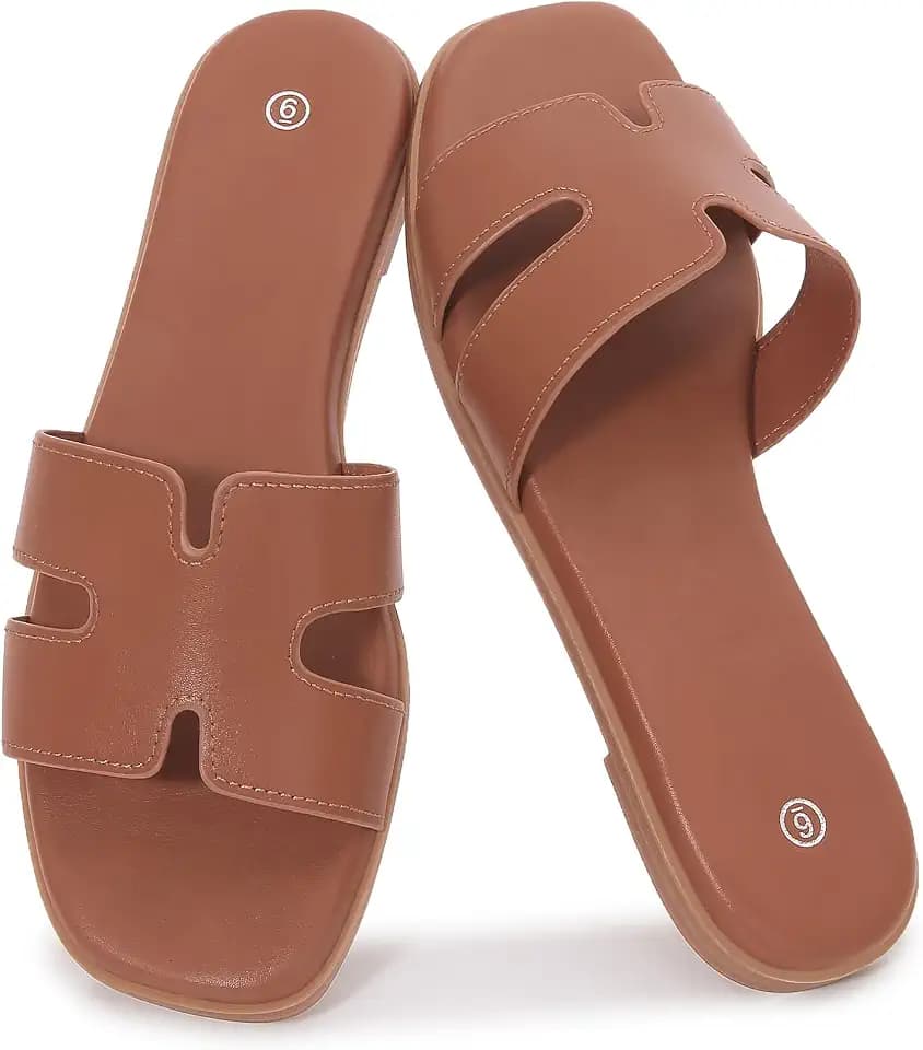 Women's Slide Sandals Comfortable Flat Slip On Leather Sandals
